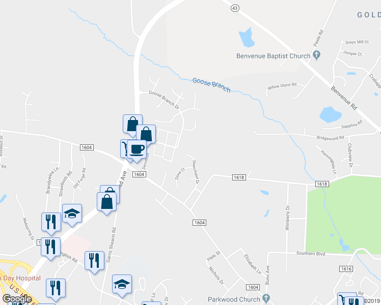 map of restaurants, bars, coffee shops, grocery stores, and more near 1133 Deerchase Drive in Rocky Mount