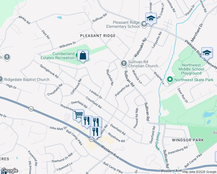 map of restaurants, bars, coffee shops, grocery stores, and more near 5409 Bluefield Road in Knoxville