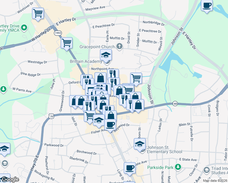 map of restaurants, bars, coffee shops, grocery stores, and more near 133 East Parris Avenue in High Point