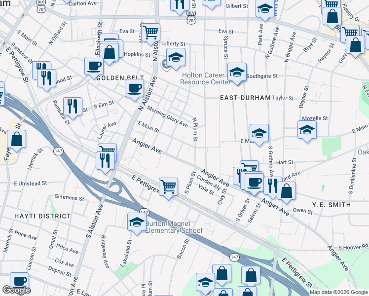 map of restaurants, bars, coffee shops, grocery stores, and more near 109 Young Avenue in Durham