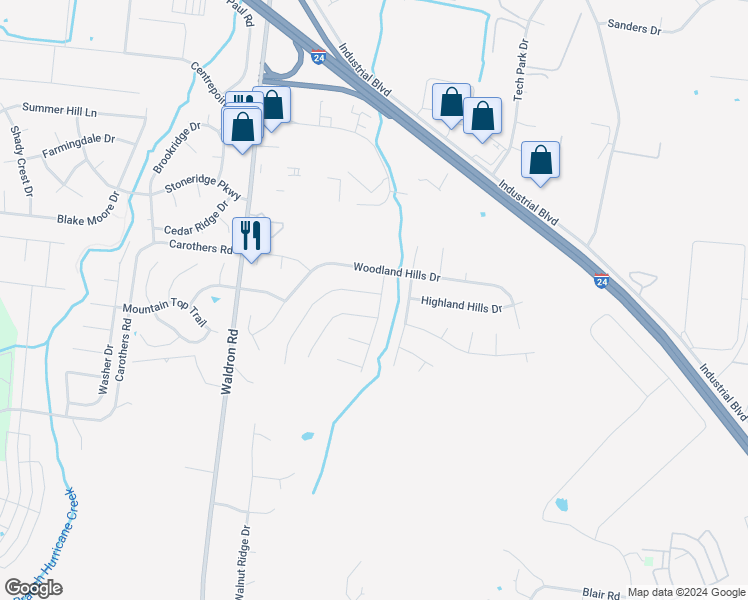 map of restaurants, bars, coffee shops, grocery stores, and more near 601 Knollwood Drive in La Vergne