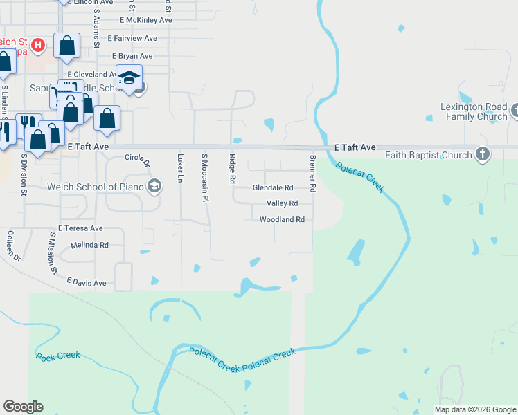 map of restaurants, bars, coffee shops, grocery stores, and more near 1711 Woodland Road in Sapulpa