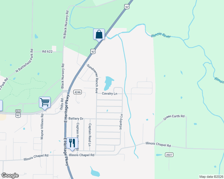 map of restaurants, bars, coffee shops, grocery stores, and more near 1360 Col Bass Lane in Prairie Grove