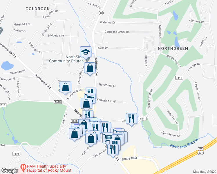map of restaurants, bars, coffee shops, grocery stores, and more near 1221 Stoneridge Lane in Rocky Mount