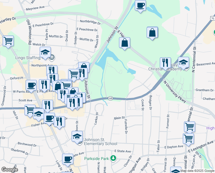 map of restaurants, bars, coffee shops, grocery stores, and more near in High Point