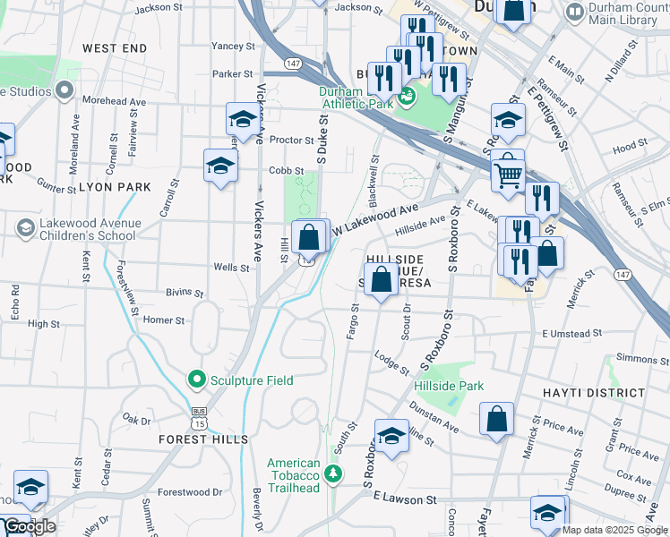 map of restaurants, bars, coffee shops, grocery stores, and more near 1000 Fargo Street in Durham