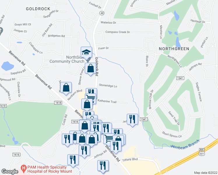 map of restaurants, bars, coffee shops, grocery stores, and more near 1223 Stoneridge Lane in Rocky Mount