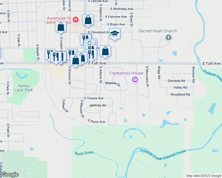 map of restaurants, bars, coffee shops, grocery stores, and more near 933 Henshaw Avenue in Sapulpa