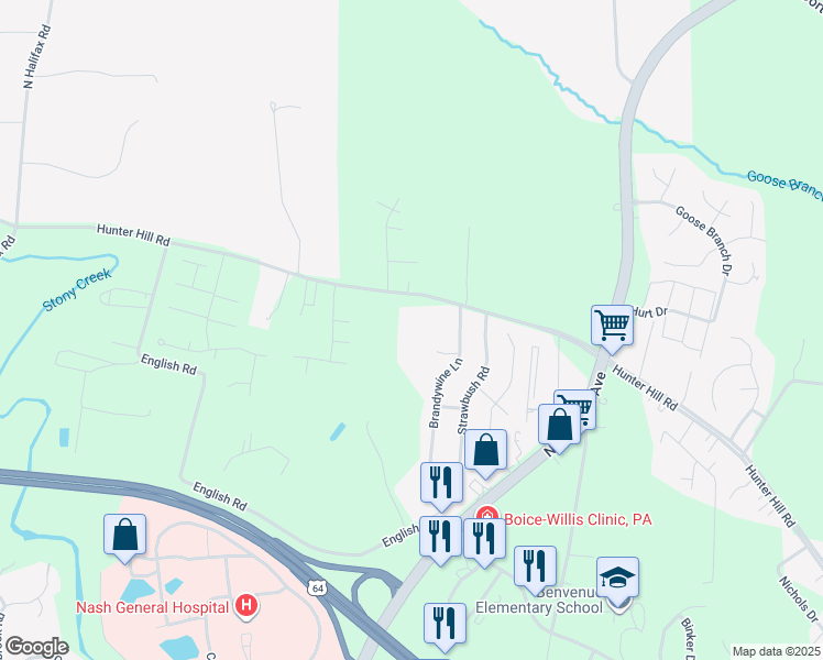 map of restaurants, bars, coffee shops, grocery stores, and more near 112 Brandywine Ct in Rocky Mt