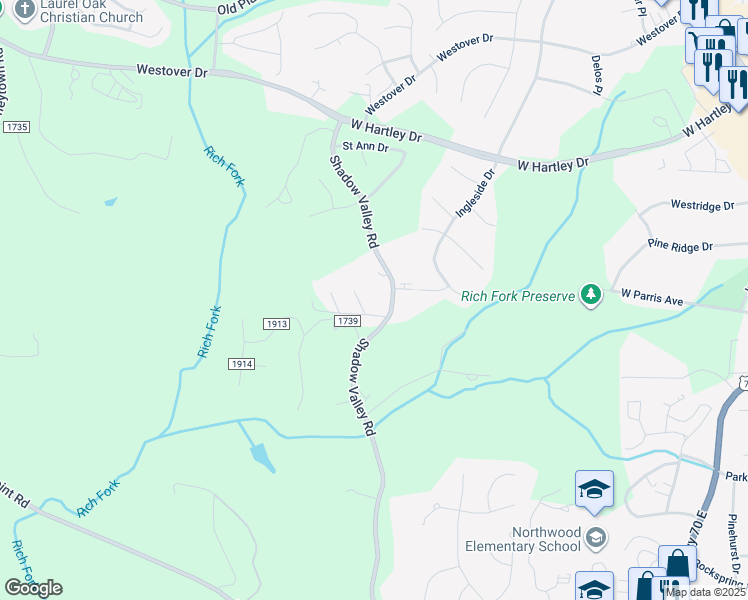 map of restaurants, bars, coffee shops, grocery stores, and more near 2215 Shadow Valley Road in High Point