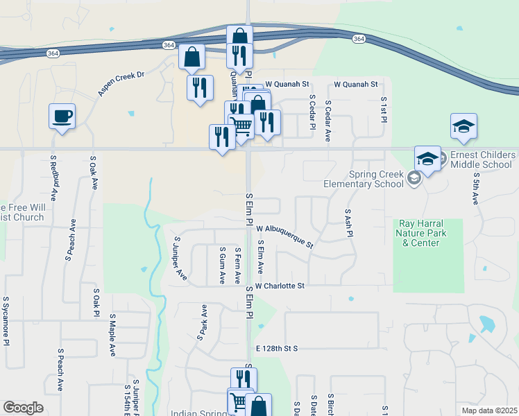 map of restaurants, bars, coffee shops, grocery stores, and more near 411 West Yuma Street in Broken Arrow