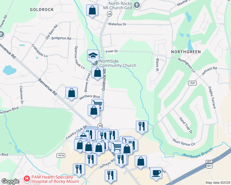 map of restaurants, bars, coffee shops, grocery stores, and more near 1225 Stoneridge Lane in Rocky Mount