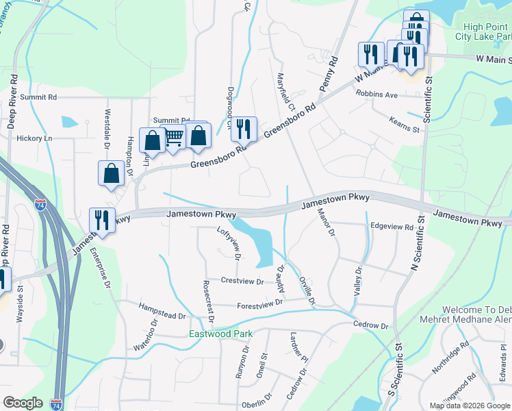 map of restaurants, bars, coffee shops, grocery stores, and more near 230 Crestwood Circle in High Point