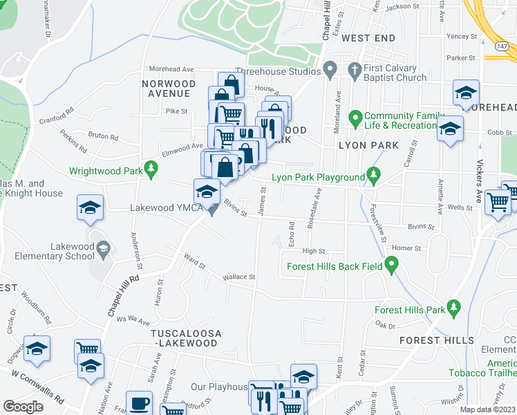 map of restaurants, bars, coffee shops, grocery stores, and more near 1418 James Street in Durham
