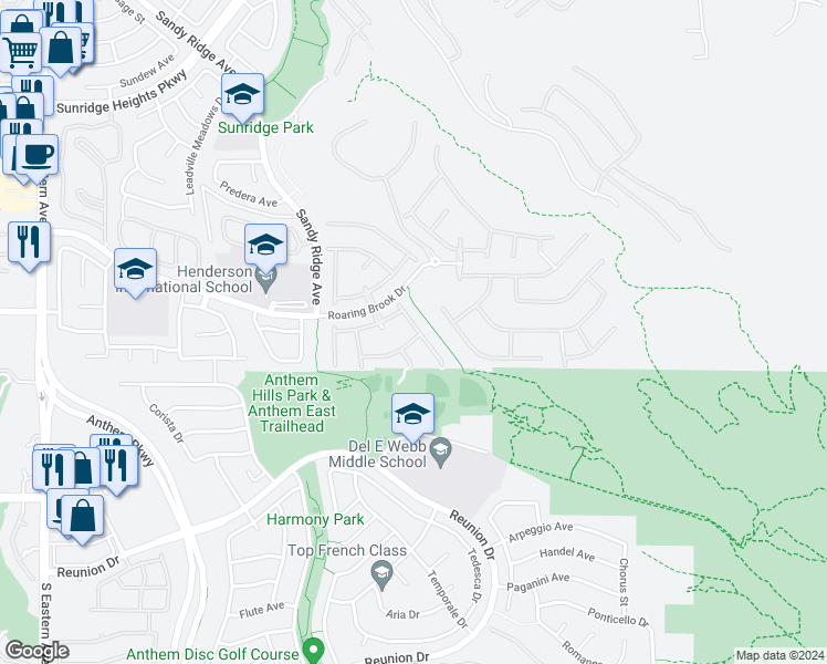 map of restaurants, bars, coffee shops, grocery stores, and more near 2258 Laramine River Drive in Henderson