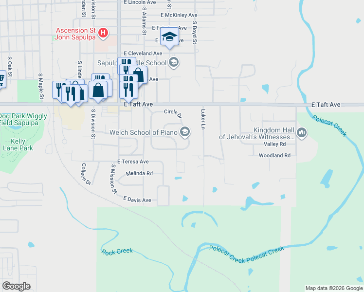 map of restaurants, bars, coffee shops, grocery stores, and more near 1322 Circle Drive in Sapulpa