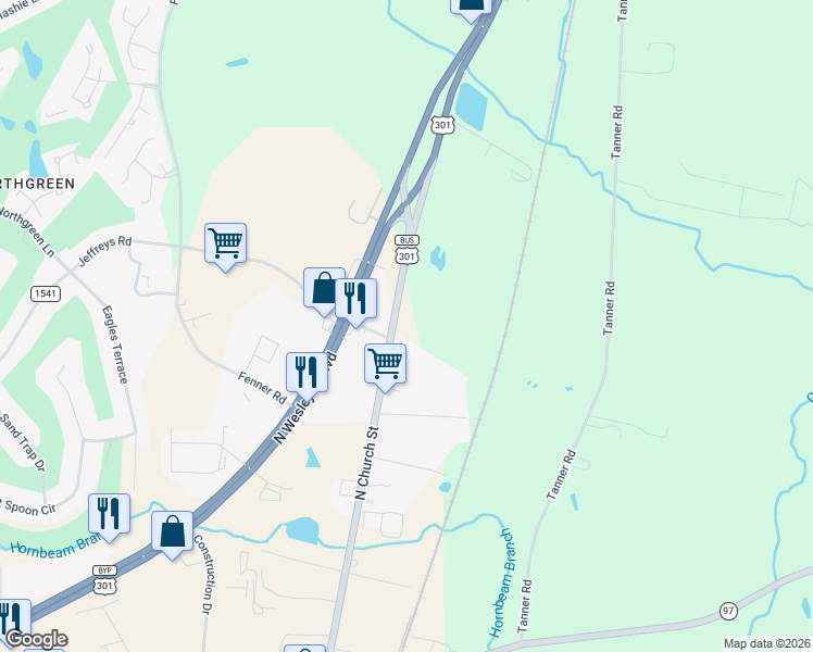 map of restaurants, bars, coffee shops, grocery stores, and more near 3061 North Church Street in Rocky Mount