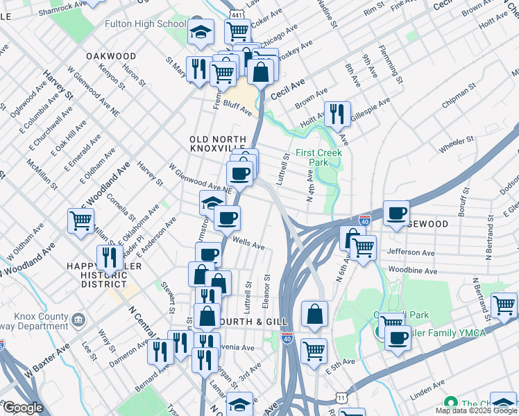 map of restaurants, bars, coffee shops, grocery stores, and more near 140 East Glenwood Avenue in Knoxville