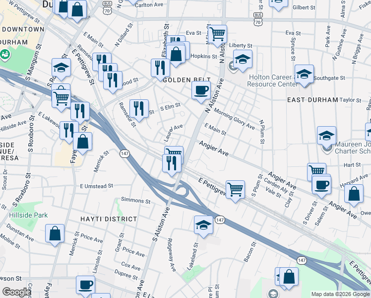 map of restaurants, bars, coffee shops, grocery stores, and more near 208 South Alston Avenue in Durham