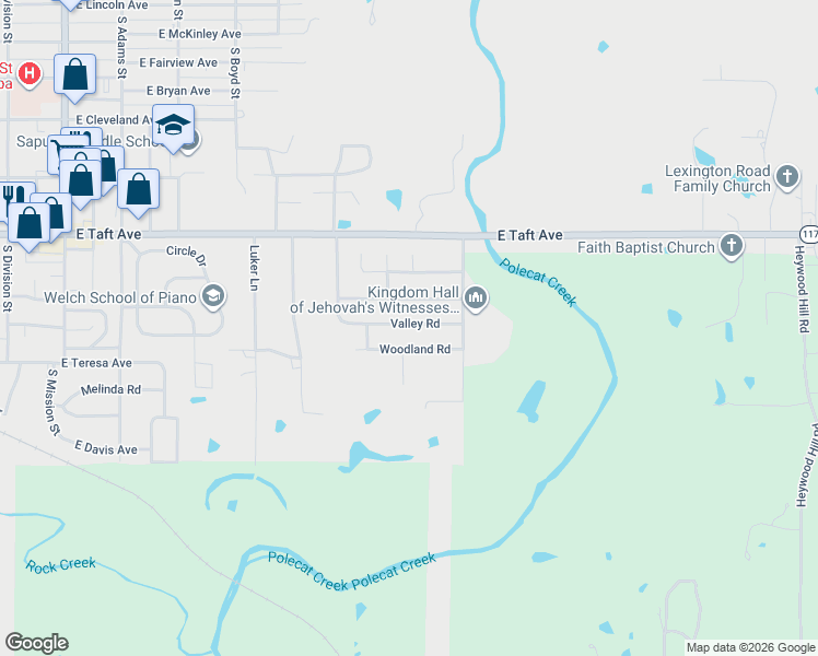map of restaurants, bars, coffee shops, grocery stores, and more near 1815 Woodland Road in Sapulpa