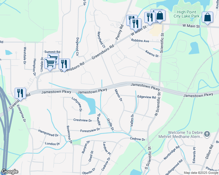 map of restaurants, bars, coffee shops, grocery stores, and more near 142 Manor Drive in High Point