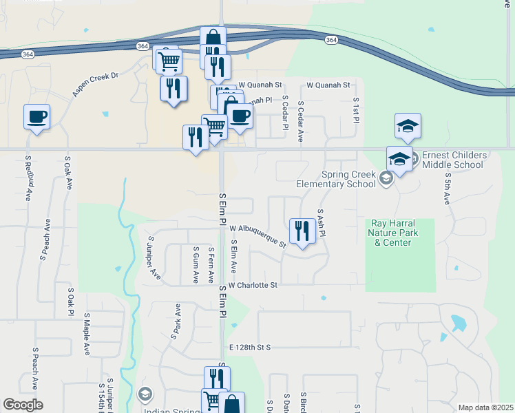 map of restaurants, bars, coffee shops, grocery stores, and more near 7201 South Date Avenue in Broken Arrow