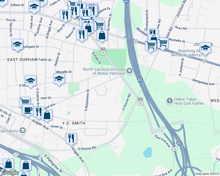 map of restaurants, bars, coffee shops, grocery stores, and more near 57 Griffith Place in Clayton