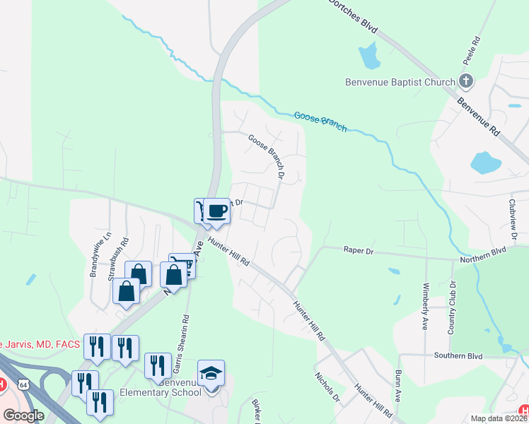map of restaurants, bars, coffee shops, grocery stores, and more near 2443 Hurt Drive in Rocky Mount