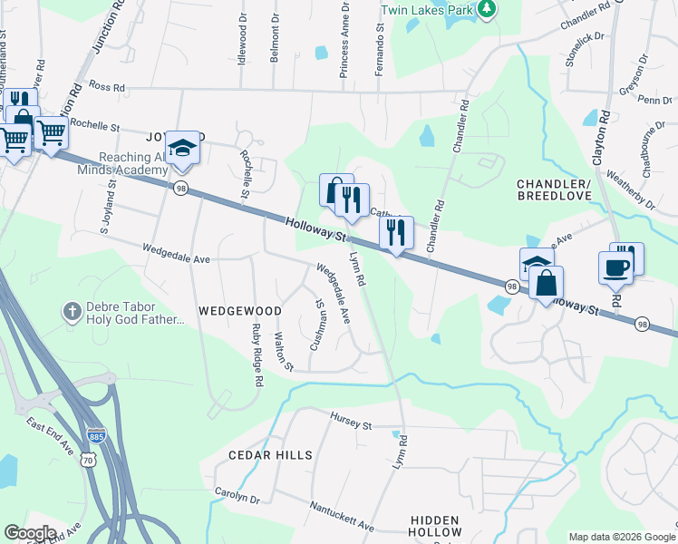 map of restaurants, bars, coffee shops, grocery stores, and more near 3016 Wedgedale Avenue in Durham