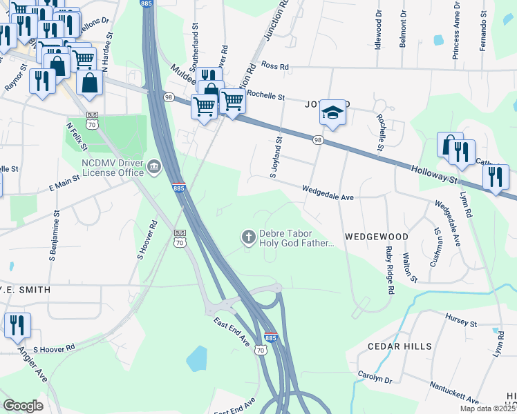 map of restaurants, bars, coffee shops, grocery stores, and more near 9 Red Sunset Lane in Durham