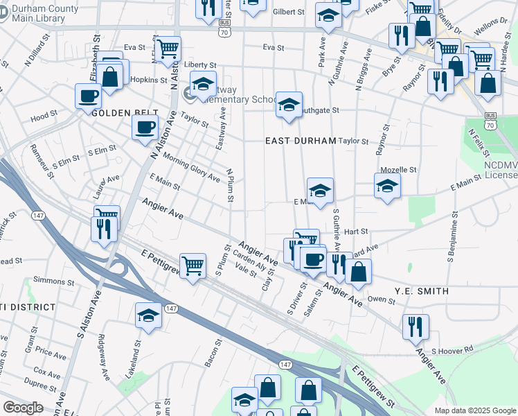 map of restaurants, bars, coffee shops, grocery stores, and more near 103 South Maple Street in Durham