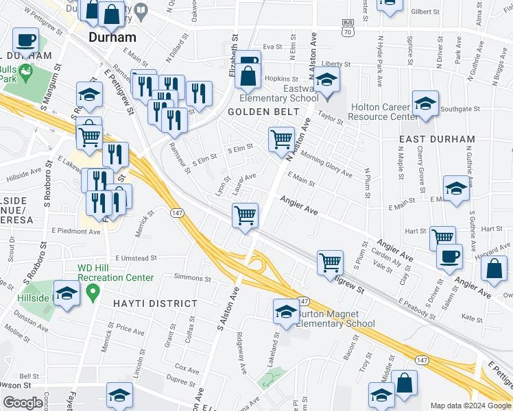 map of restaurants, bars, coffee shops, grocery stores, and more near 208 South Alston Avenue in Durham
