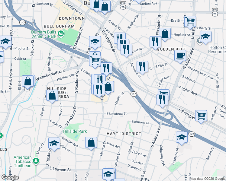 map of restaurants, bars, coffee shops, grocery stores, and more near 19 Hayti Lane in Durham