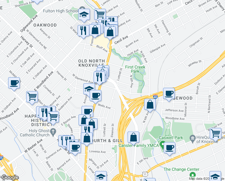 map of restaurants, bars, coffee shops, grocery stores, and more near 1300 North Broadway in Knoxville
