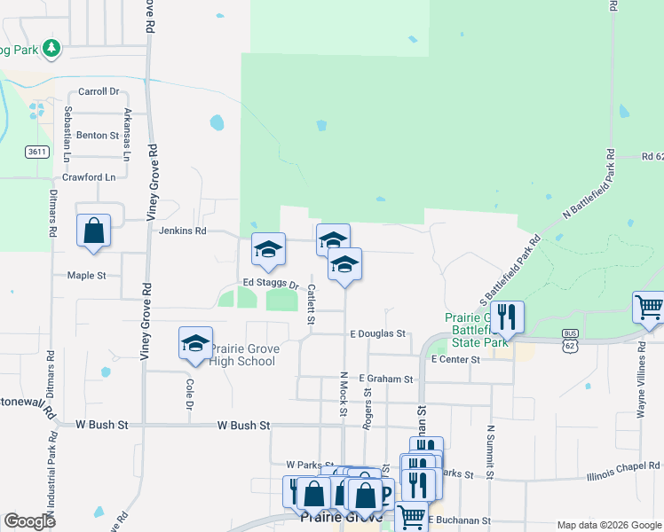 map of restaurants, bars, coffee shops, grocery stores, and more near 820 North Mock Street in Prairie Grove