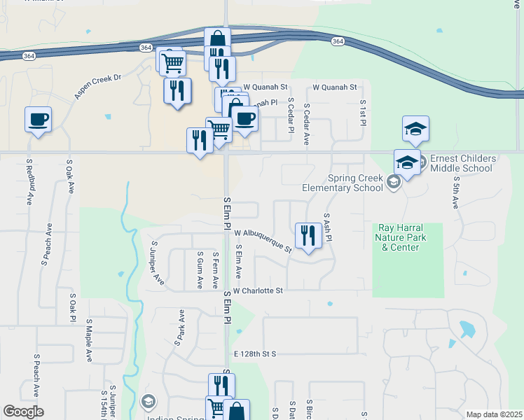 map of restaurants, bars, coffee shops, grocery stores, and more near 7201 South Date Avenue in Broken Arrow