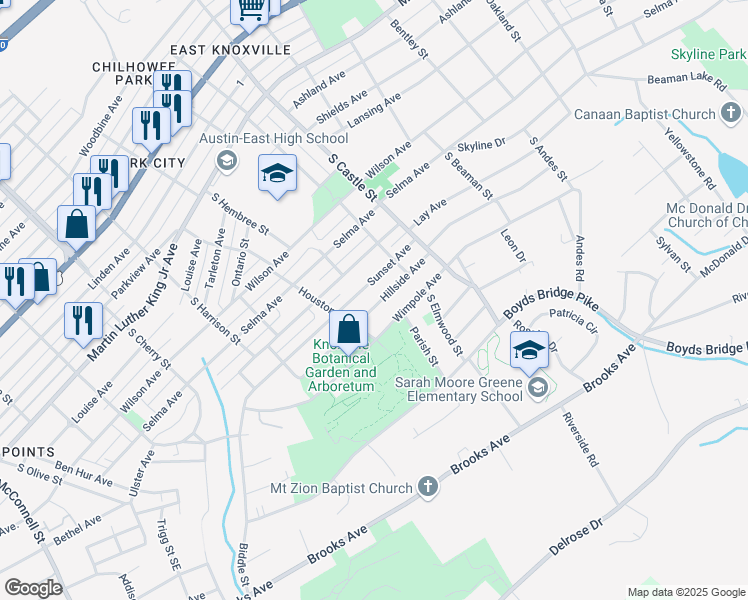 map of restaurants, bars, coffee shops, grocery stores, and more near 2887 Hillside Avenue in Knoxville