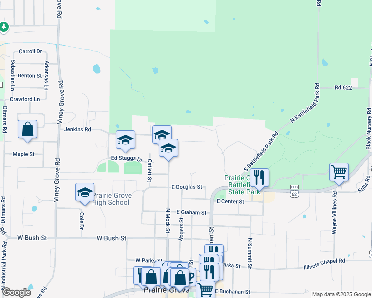 map of restaurants, bars, coffee shops, grocery stores, and more near 261 Collins Drive in Prairie Grove
