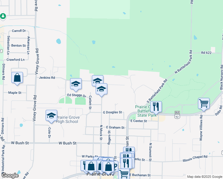 map of restaurants, bars, coffee shops, grocery stores, and more near 261 Collins Drive in Prairie Grove