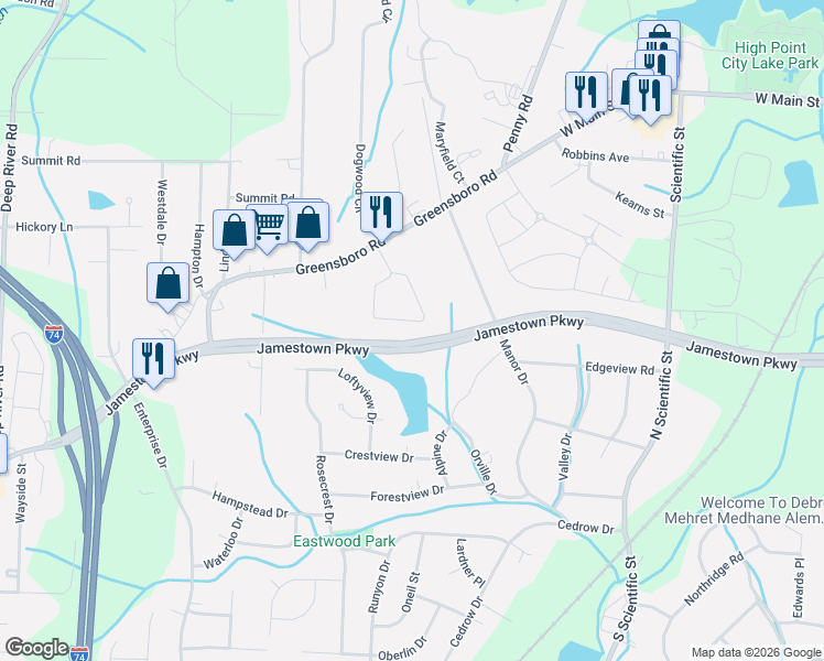 map of restaurants, bars, coffee shops, grocery stores, and more near 230 Crestwood Circle in High Point