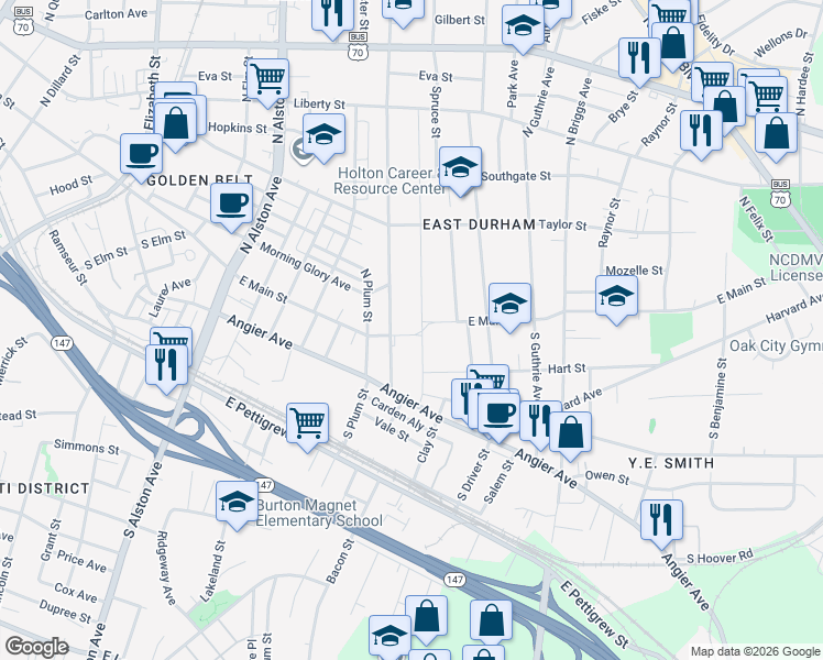 map of restaurants, bars, coffee shops, grocery stores, and more near 103 South Maple Street in Durham
