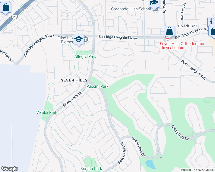 map of restaurants, bars, coffee shops, grocery stores, and more near 3005 Vía Venezia in Henderson
