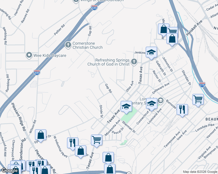 map of restaurants, bars, coffee shops, grocery stores, and more near 3401 Gap Road in Knoxville