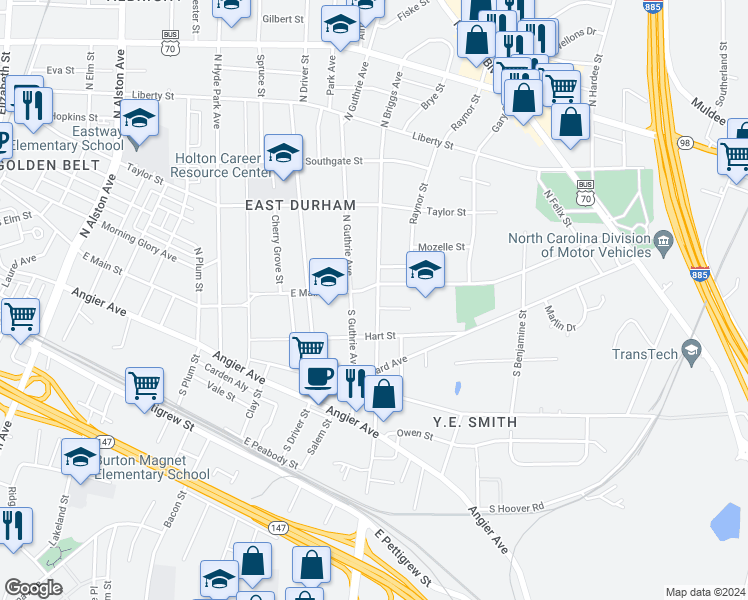 map of restaurants, bars, coffee shops, grocery stores, and more near 106 South Briggs Avenue in Durham