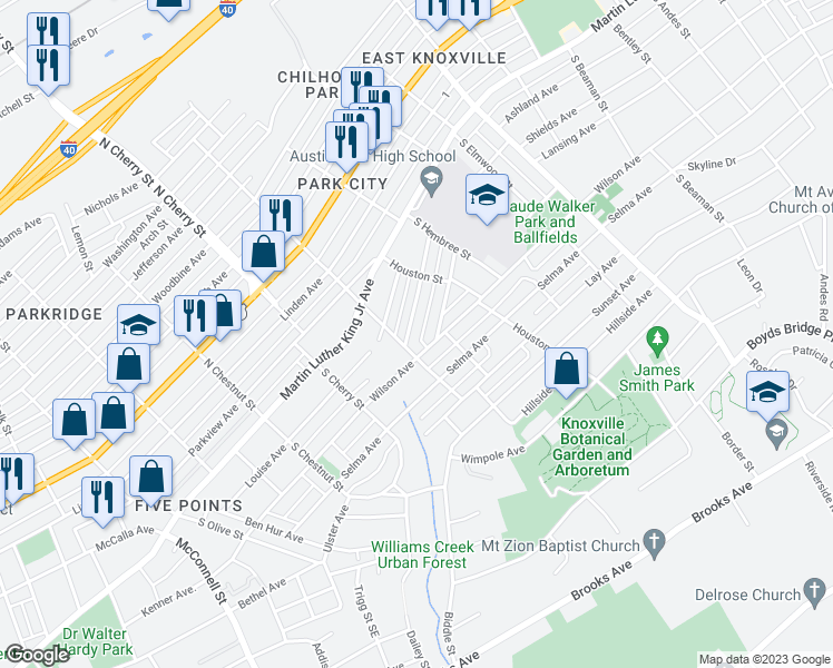 map of restaurants, bars, coffee shops, grocery stores, and more near 2712 Tarleton Avenue in Knoxville