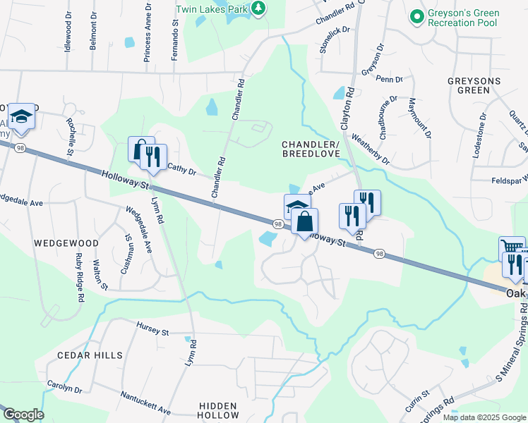 map of restaurants, bars, coffee shops, grocery stores, and more near 3135 Holloway Street in Durham