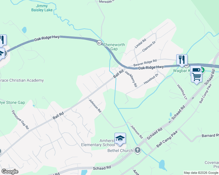 map of restaurants, bars, coffee shops, grocery stores, and more near 4964 Ball Road in Knoxville