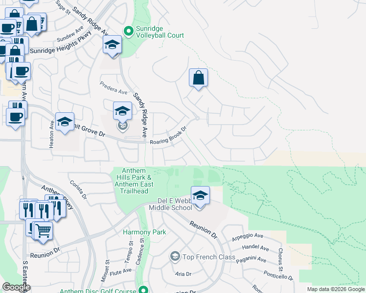 map of restaurants, bars, coffee shops, grocery stores, and more near 2272 Laramine River Drive in Henderson