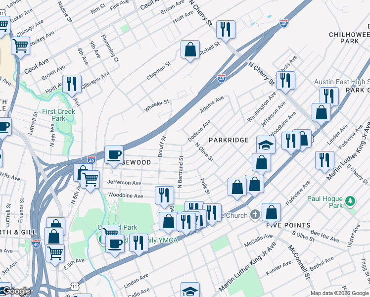 map of restaurants, bars, coffee shops, grocery stores, and more near 2003 East Glenwood Avenue in Knoxville