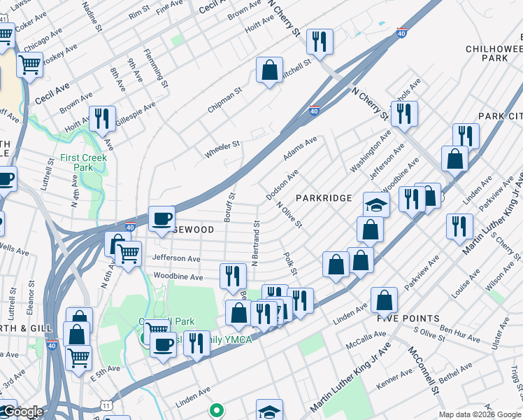 map of restaurants, bars, coffee shops, grocery stores, and more near 2003 East Glenwood Avenue in Knoxville